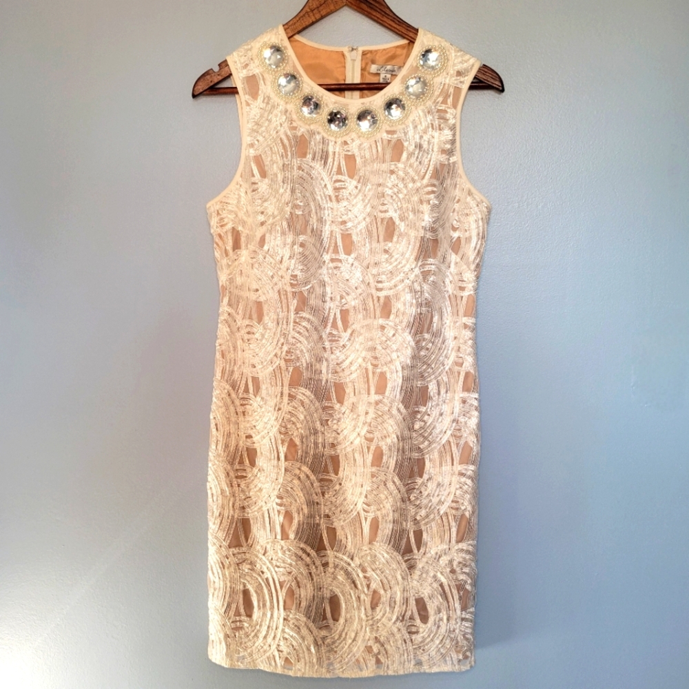 Liliana Womens Ivory Sleeveless Lace Textured Jewled Neckline Back Zip Dress sz8